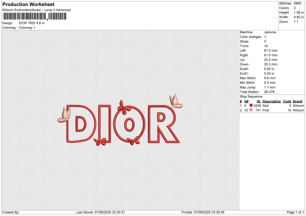 DIOR 7625 Embroidery File 6 size