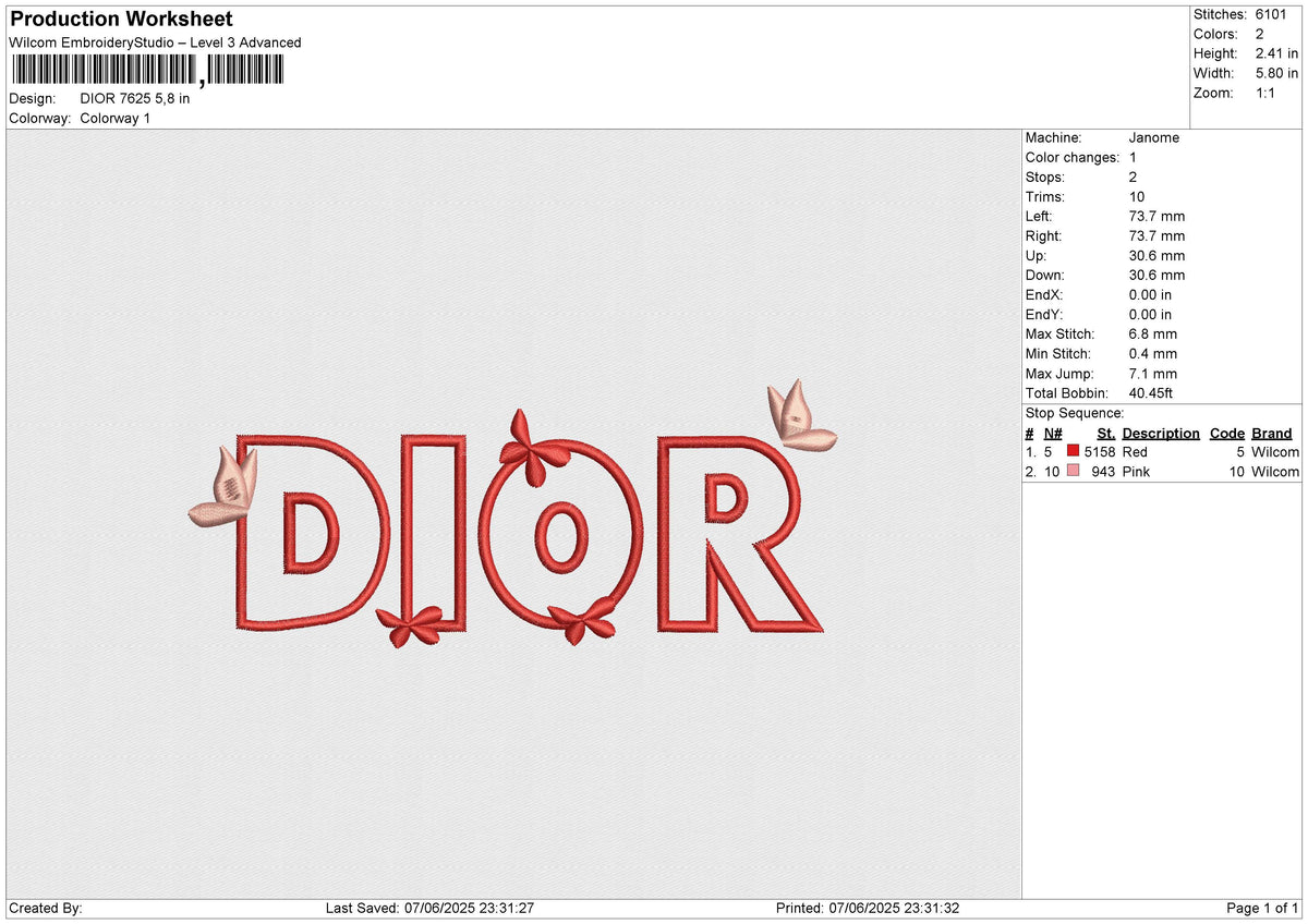 DIOR 7625 Embroidery File 6 size