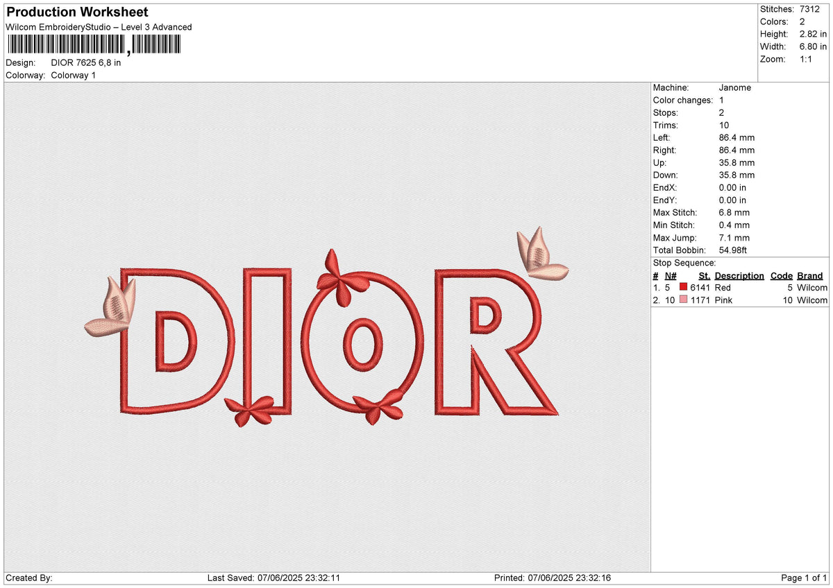 DIOR 7625 Embroidery File 6 size