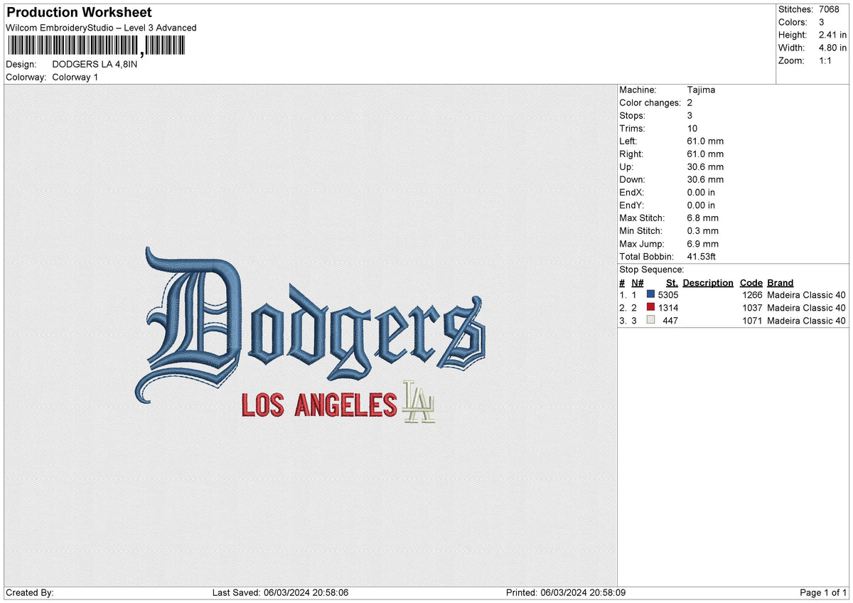 DODGERS LA Embroidery File 6 size