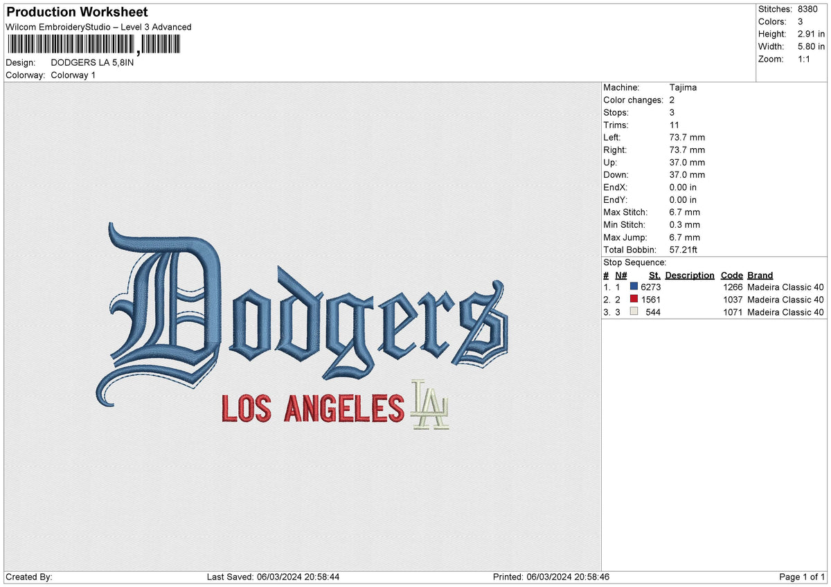 DODGERS LA Embroidery File 6 size