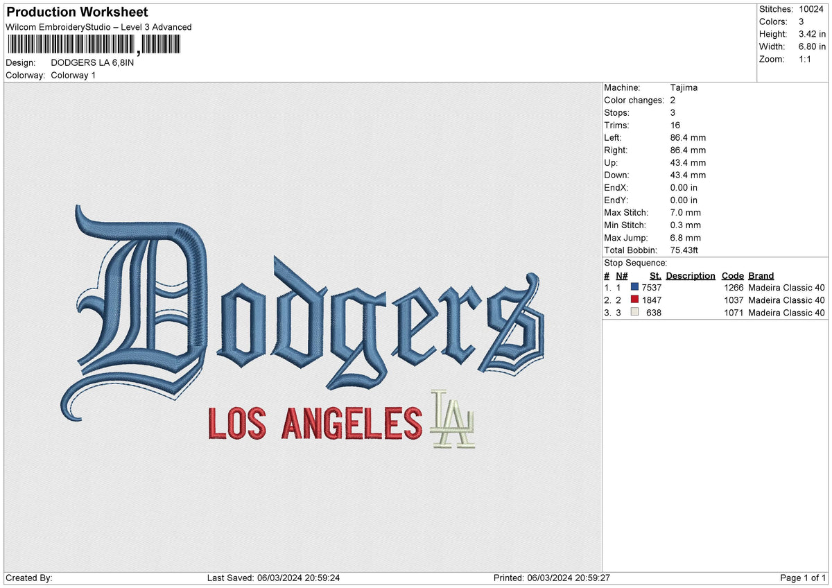 DODGERS LA Embroidery File 6 size