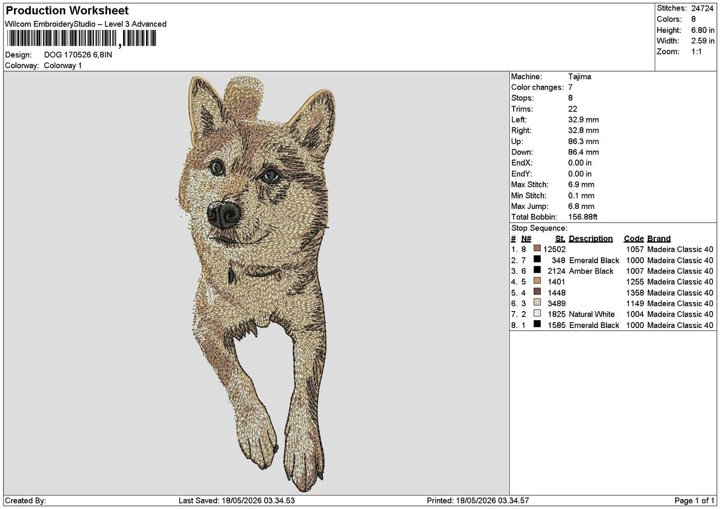 Dog 1705 Embroidery File 6 sizes