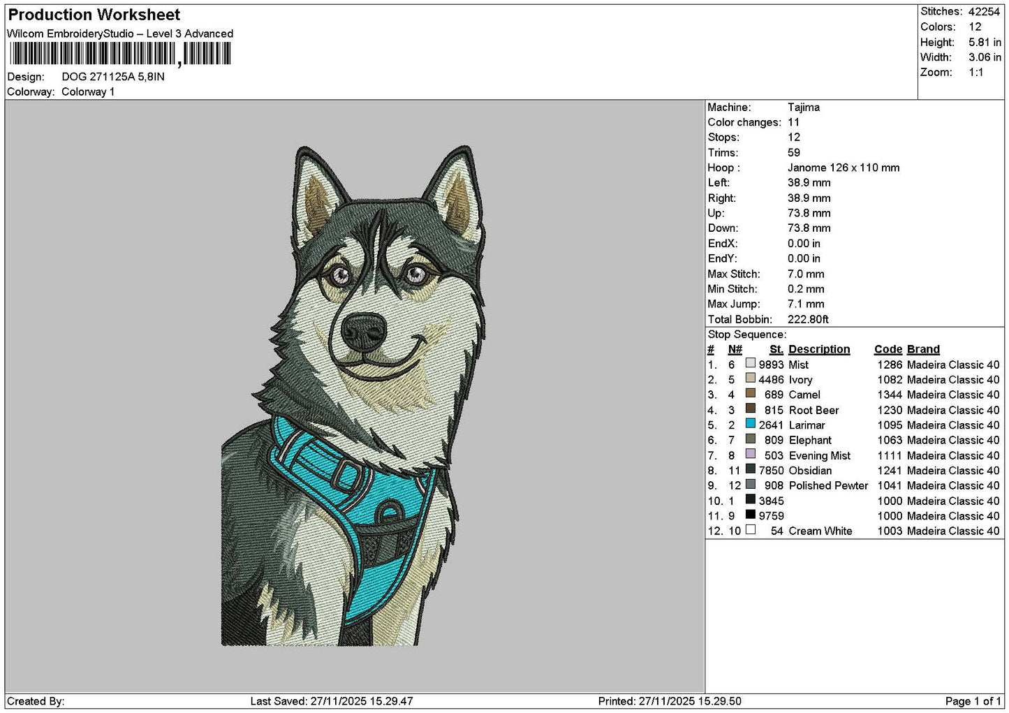 Dog 2711 Embroidery File 6 sizes