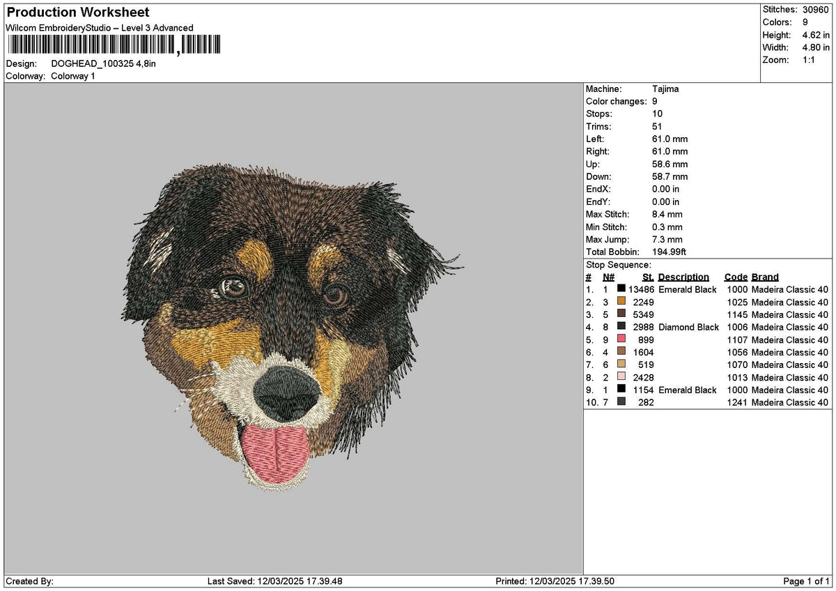Dog Head 1003 Embroidery File 6 sizes