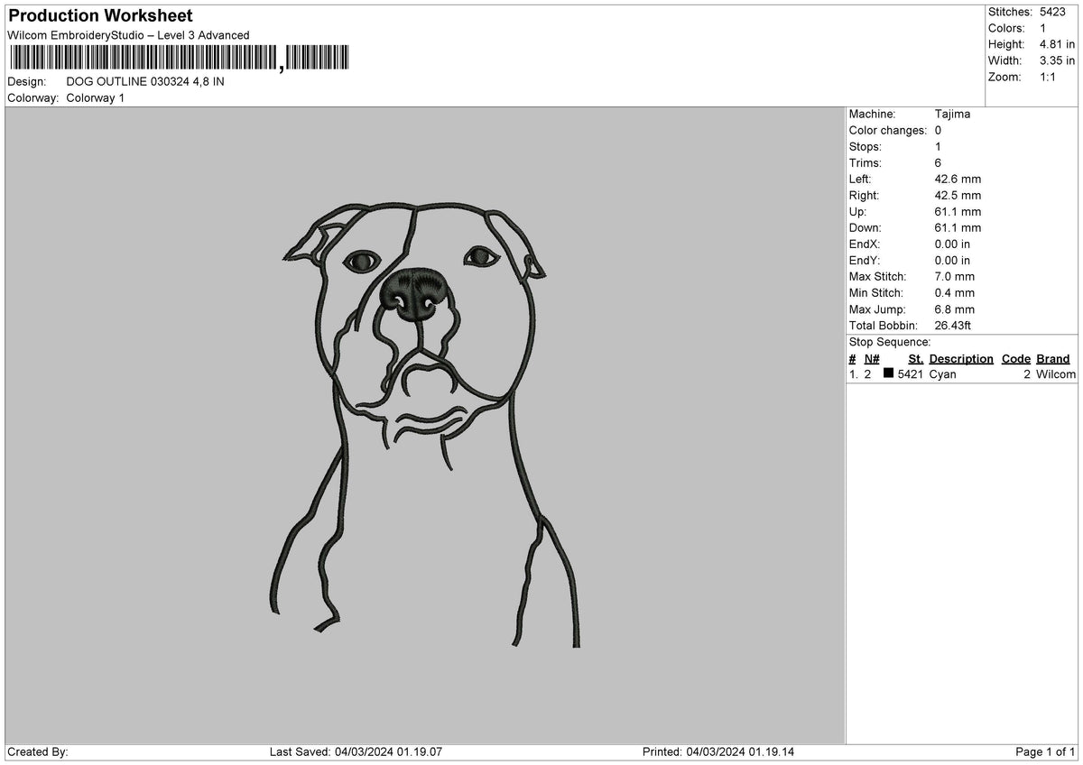 Dog Outline 0324 Embroidery File 6 sizes