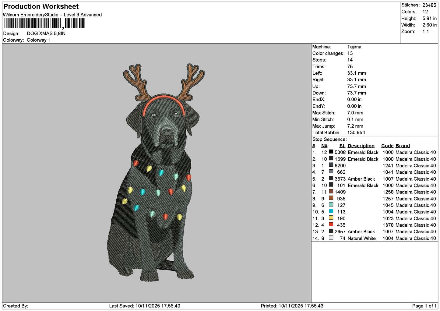 Dog Xmas 1011 Embroidery File 6 sizes