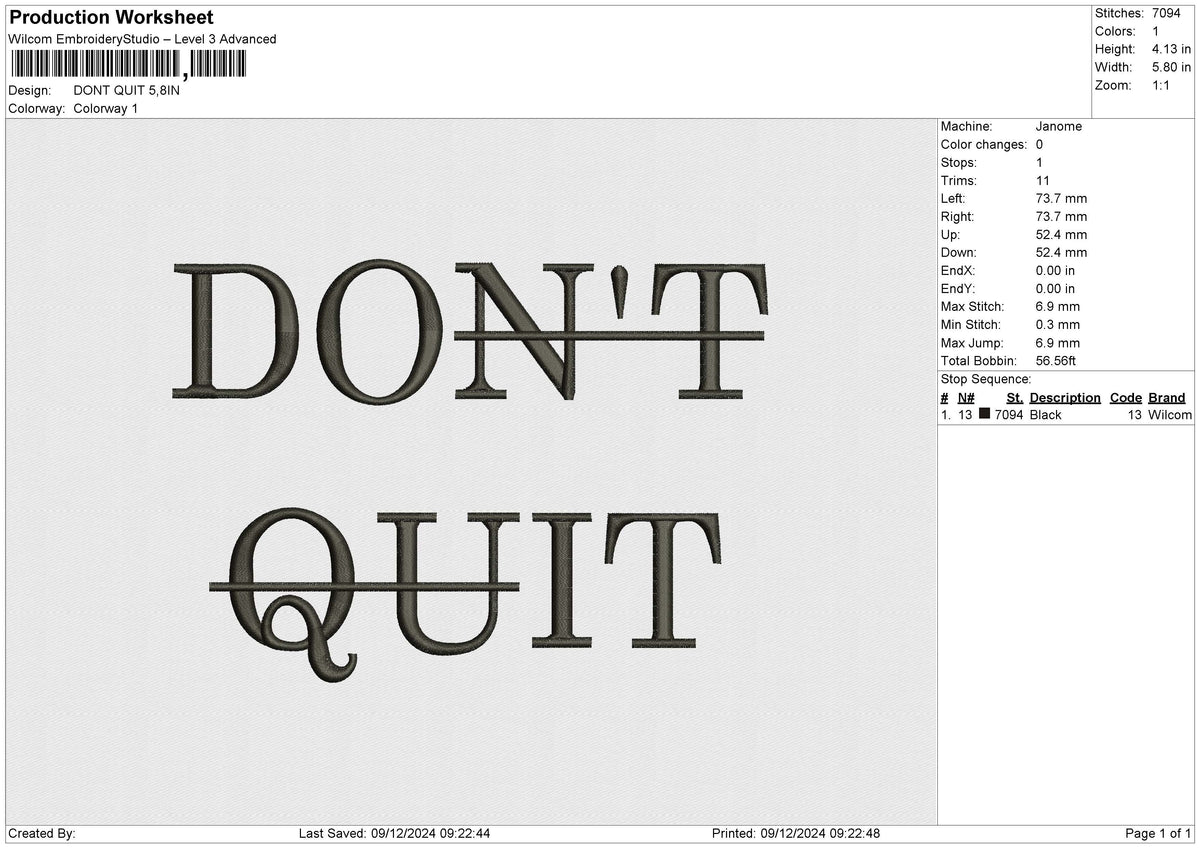 DONT QUIT Embroidery File 4 size