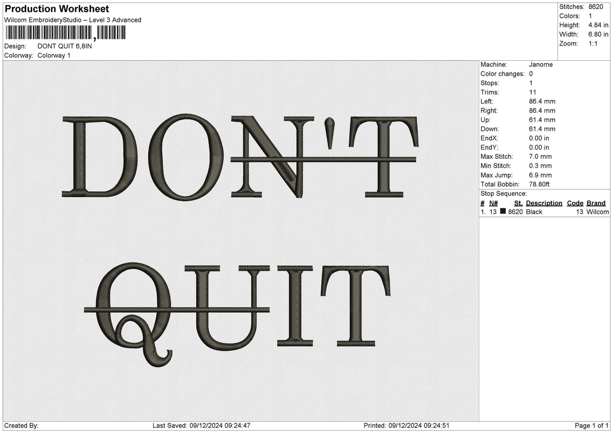 DONT QUIT Embroidery File 4 size