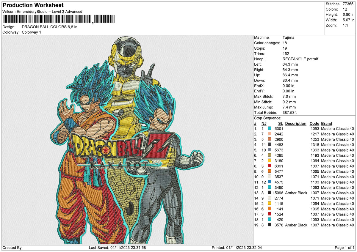 DRAGON BALL COLORS Embroidery File 6 size