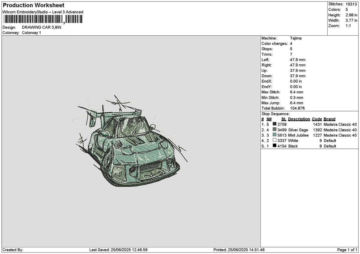 Drawing Car 2506 Embroidery File 6 sizes