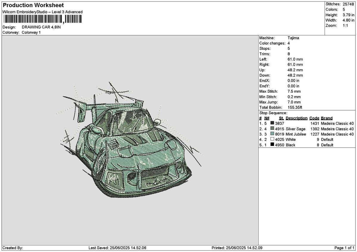 Drawing Car 2506 Embroidery File 6 sizes