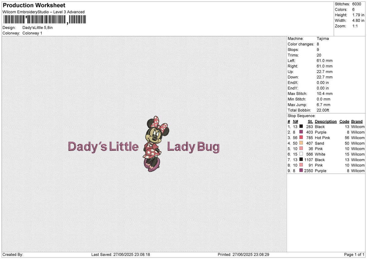 Dady'sLittle minnie Embroidery File 6 size