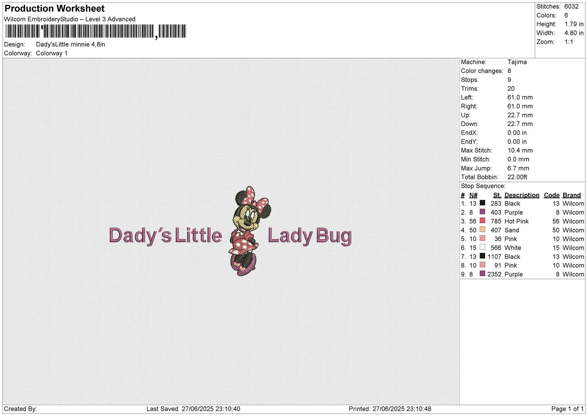 Dady'sLittle minnie Embroidery File 6 size