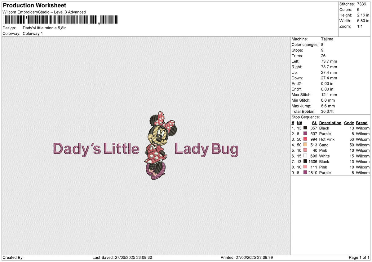 Dady'sLittle minnie Embroidery File 6 size
