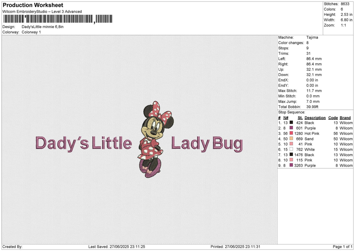 Dady'sLittle minnie Embroidery File 6 size