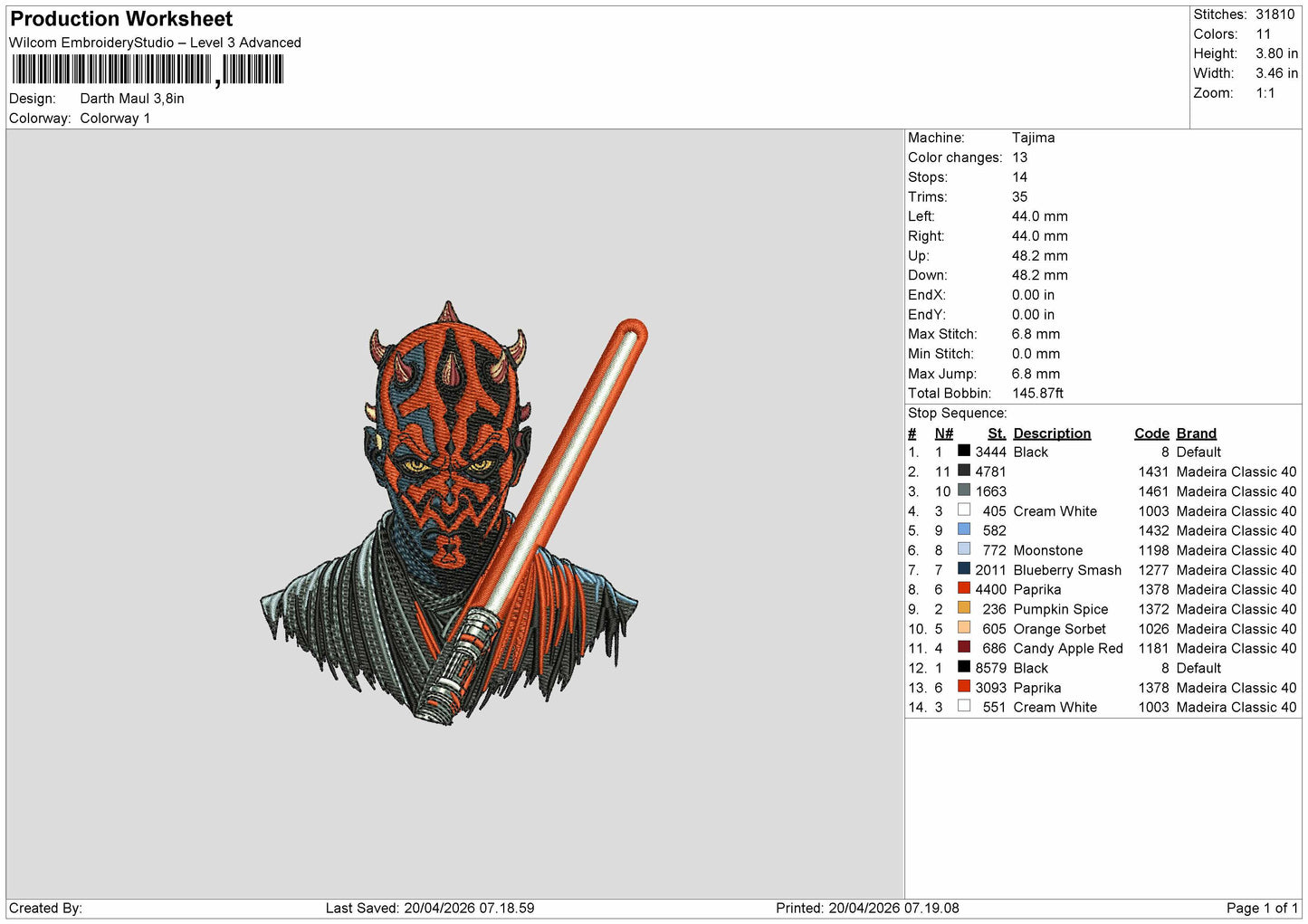 Darth Maul Embroidery Machine File 6 sizes