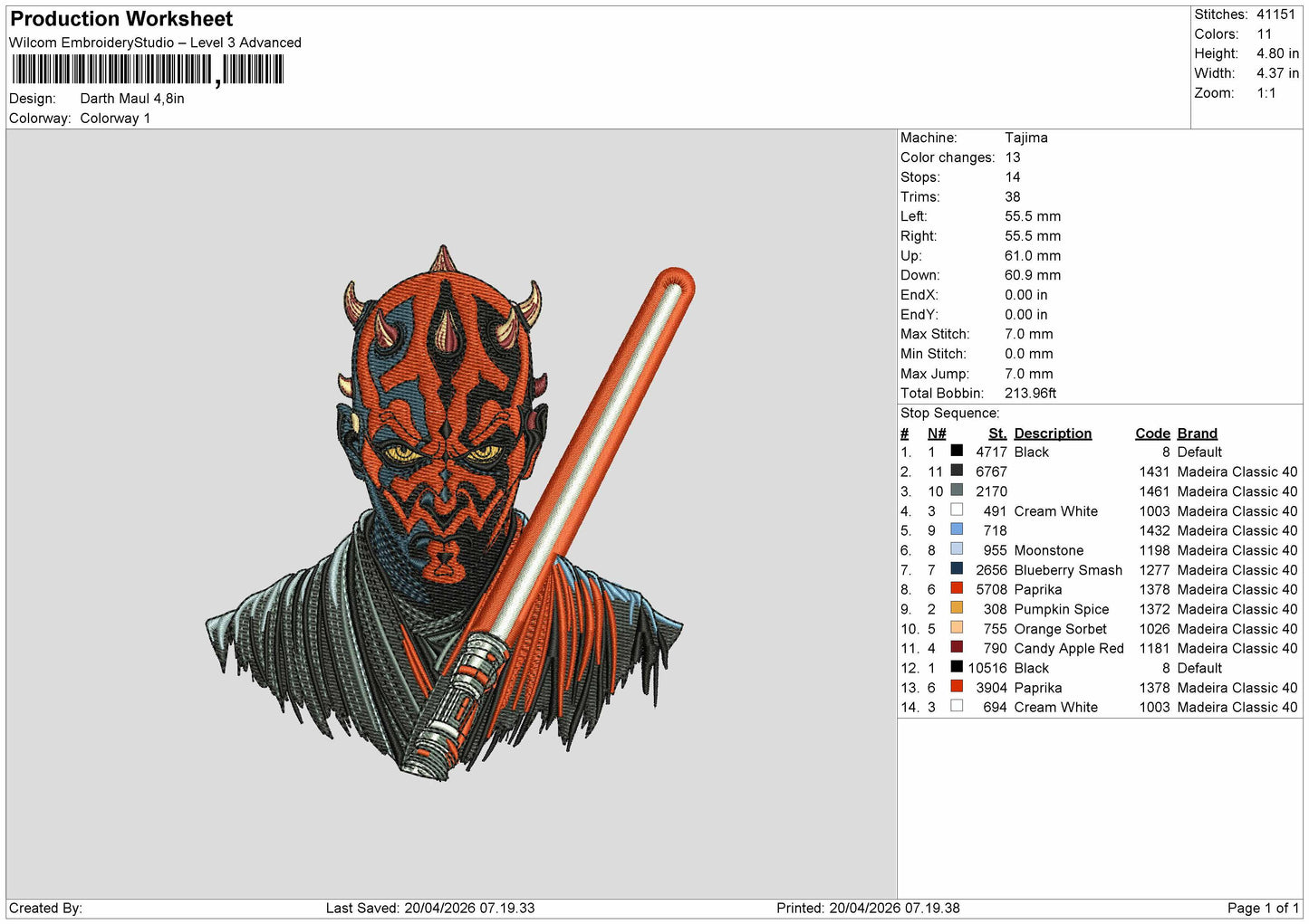 Darth Maul Embroidery Machine File 6 sizes