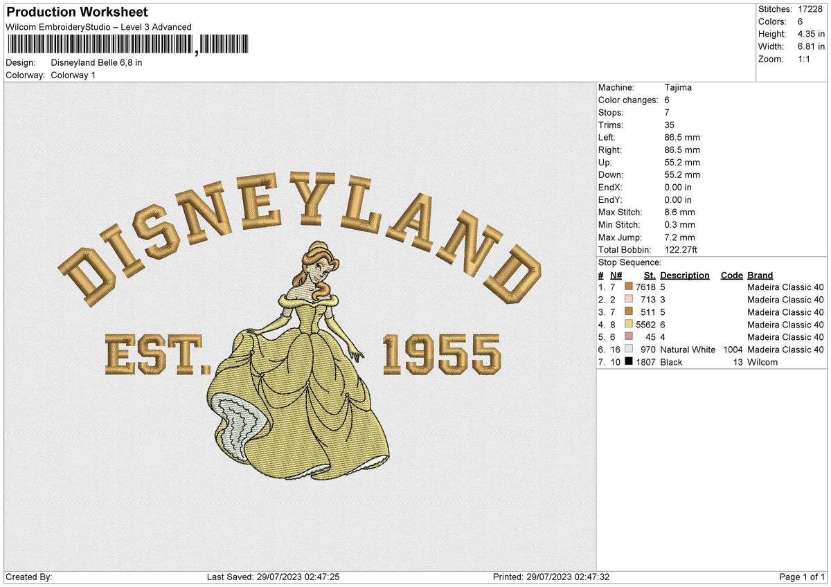 Disneyland Belle Embroidery File 6 size