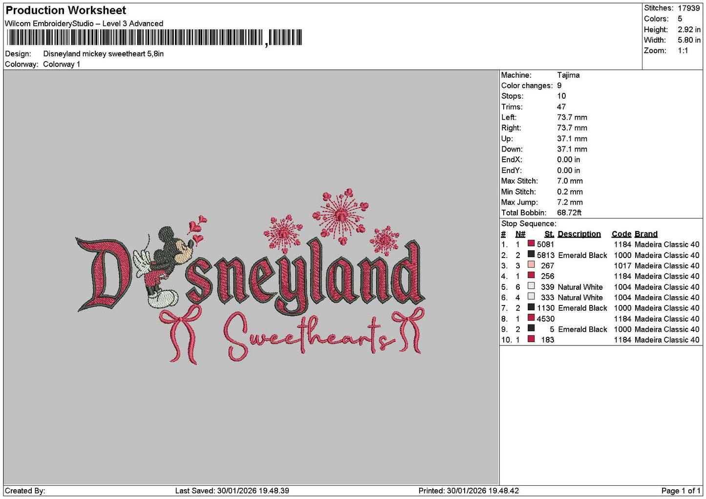 Dland Mickey Heart 01 Embroidery File 6 sizes