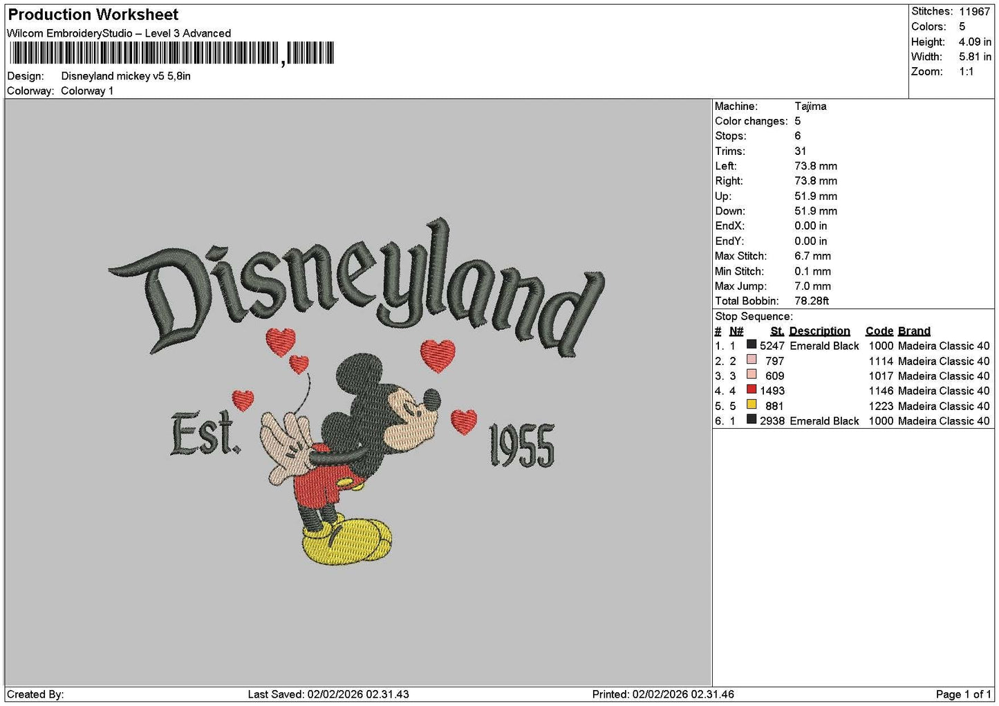 Dland Mickey Kiss Embroidery File 6 sizes