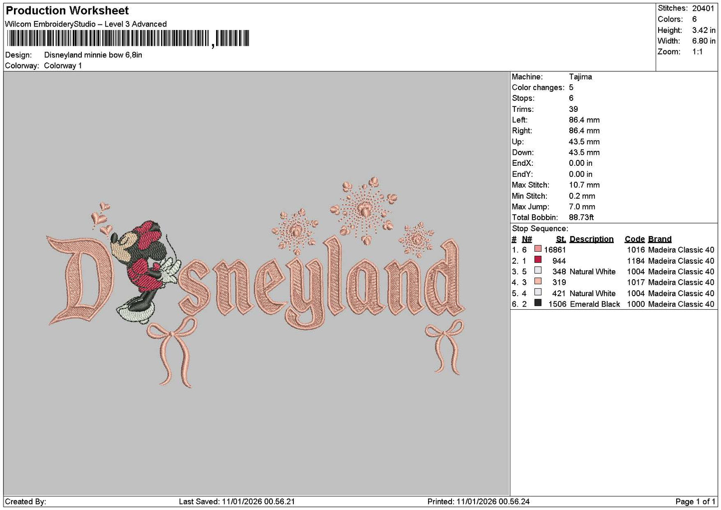 Dland Minnie1101 Embroidery File 6 sizes