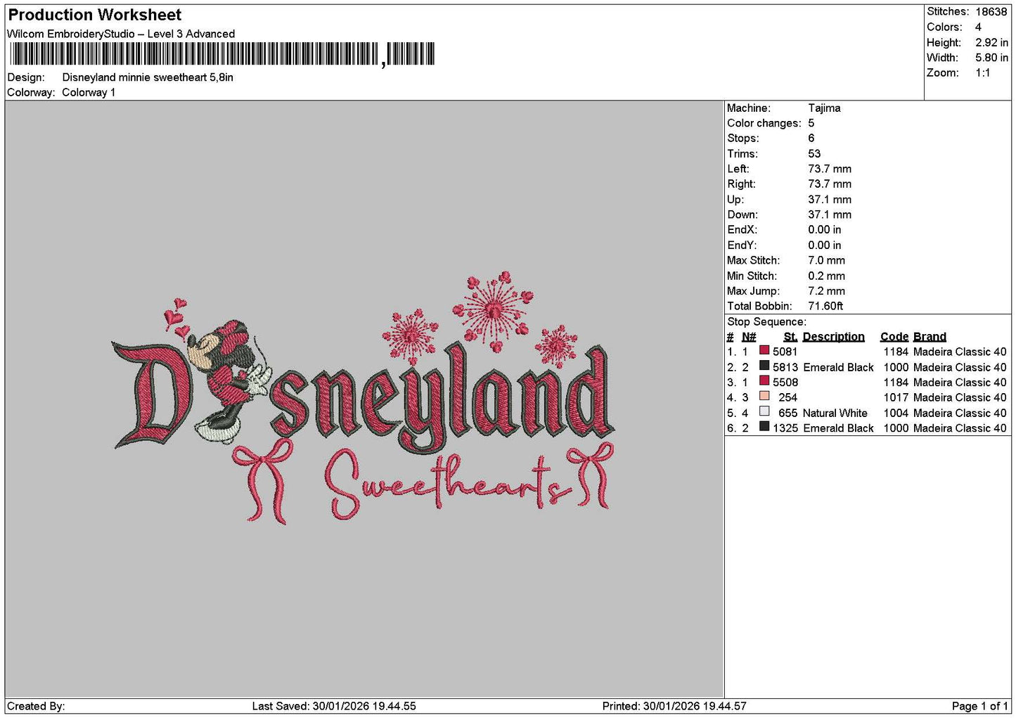 Dland Minnie Heart 01 Embroidery File 6 sizes