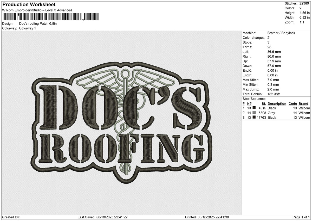 Doc's roofing Patch Embroidery File 6 sizes