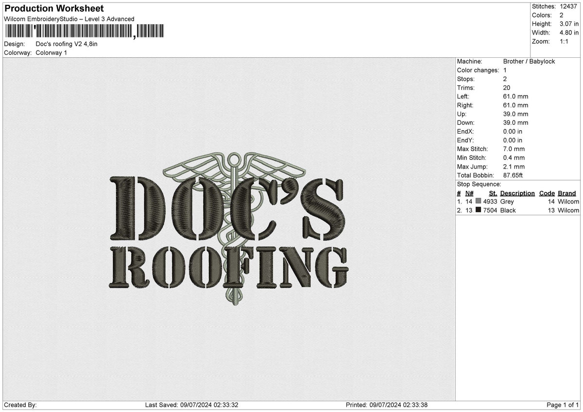 Doc's Roofing v2 Embroidery File 6 size