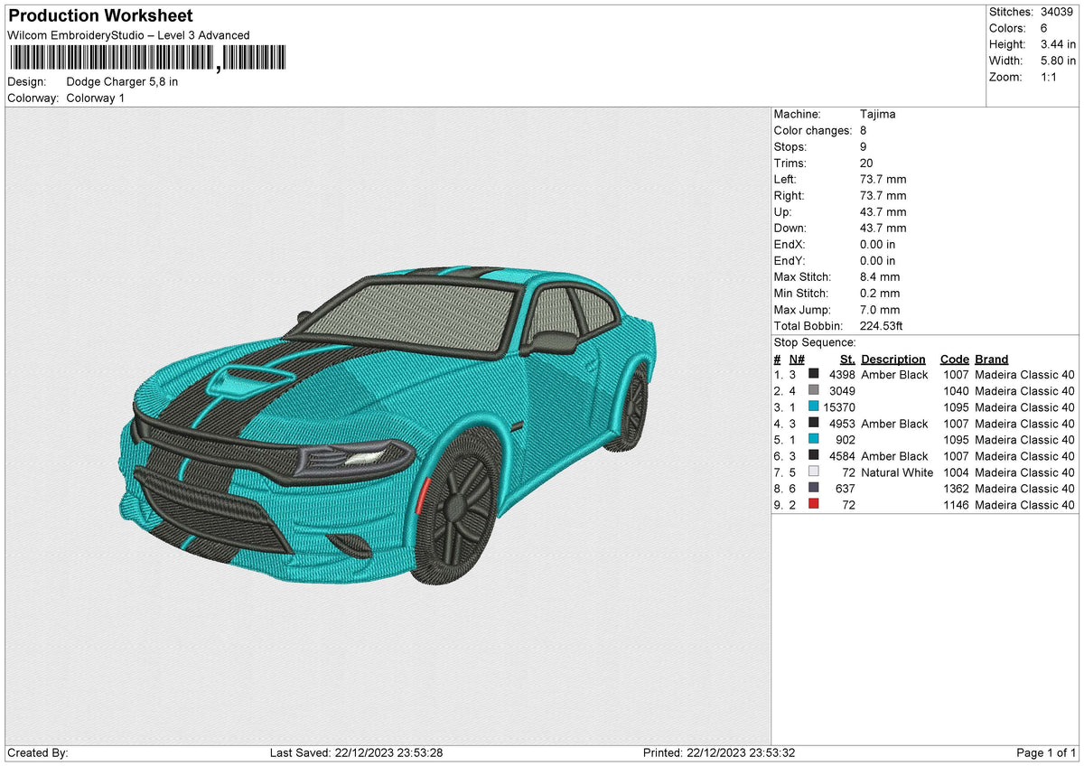 Dodge Charger Embroidery File 6 size