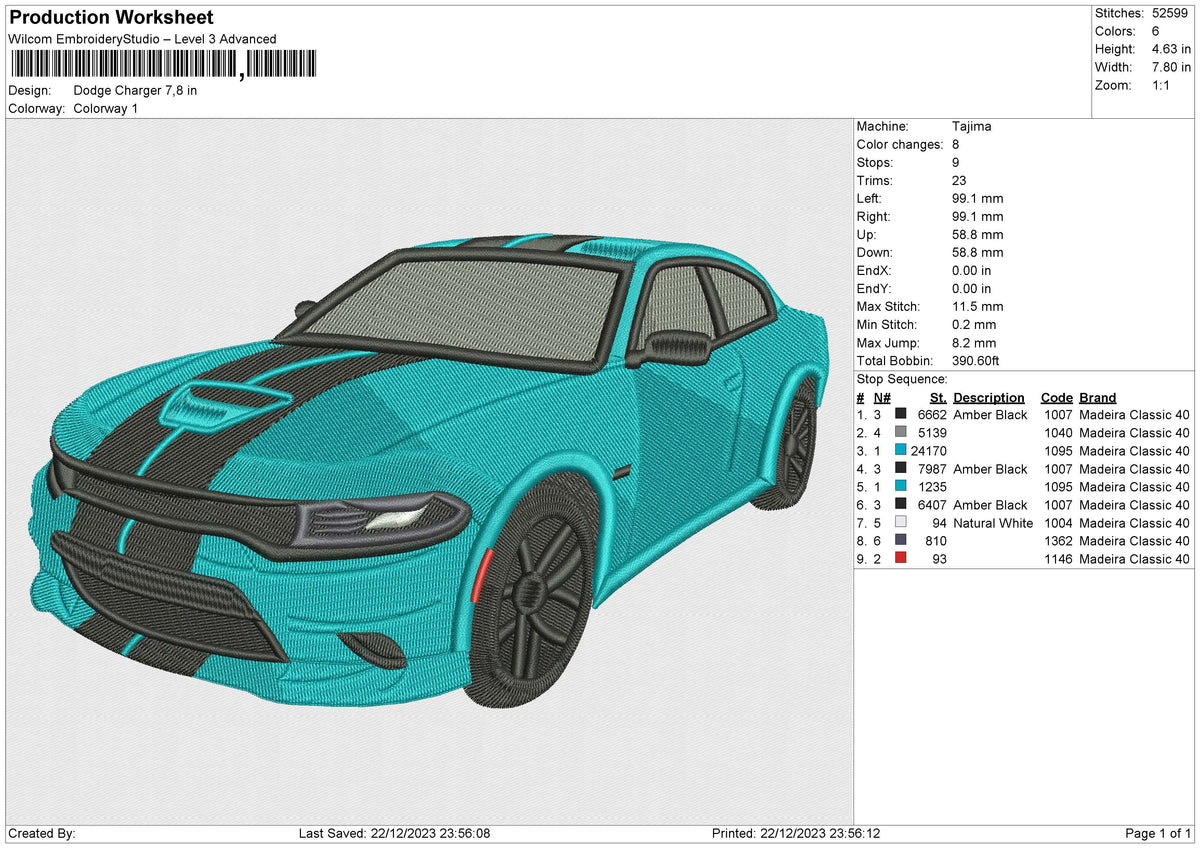 Dodge Charger Embroidery File 6 size