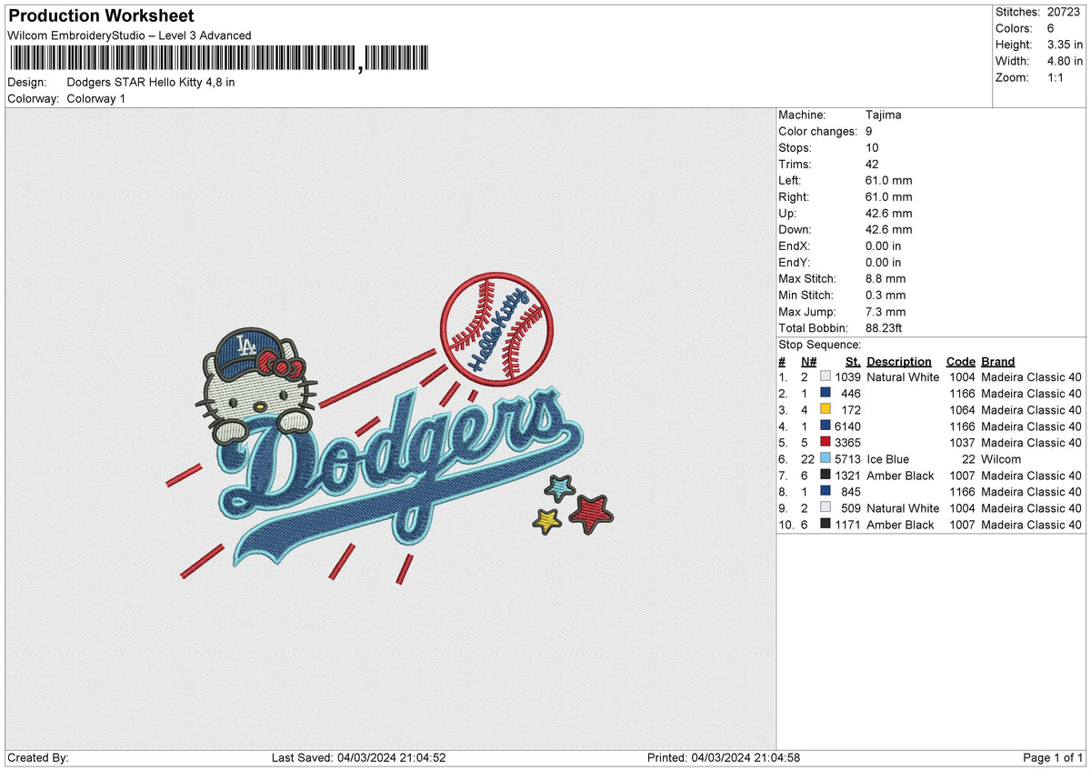 Dodgers STAR Hello Kitty Embroidery File 6 size