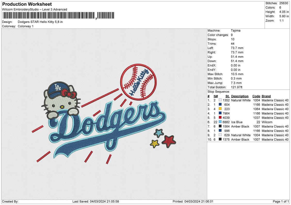 Dodgers STAR Hello Kitty Embroidery File 6 size