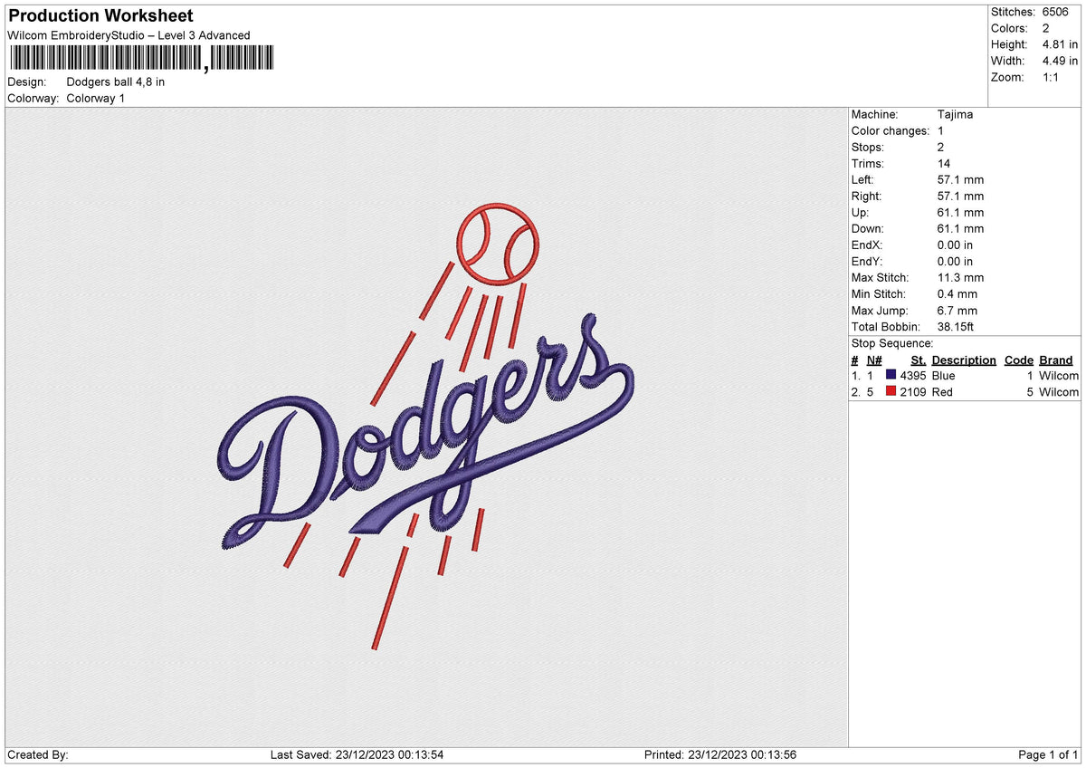 Dodgers ball Embroidery File 6 size