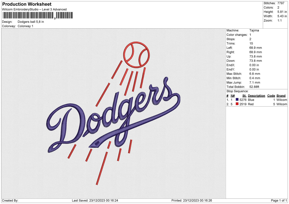 Dodgers ball Embroidery File 6 size