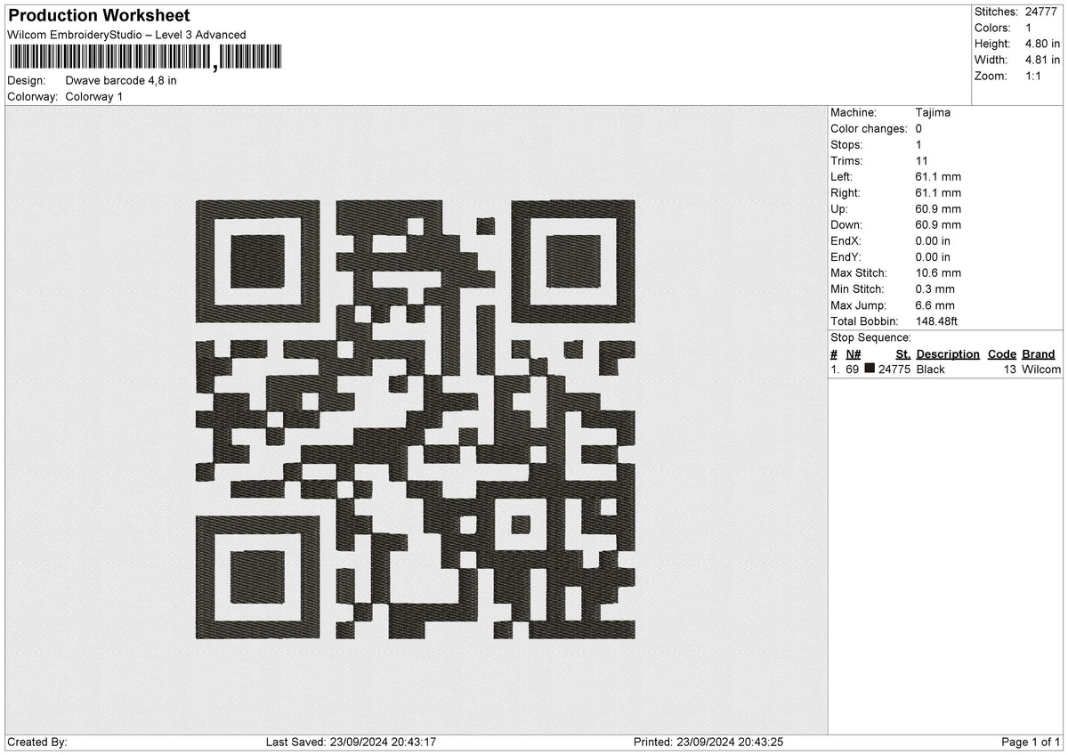 Dwave barcode Embroidery File 6 size