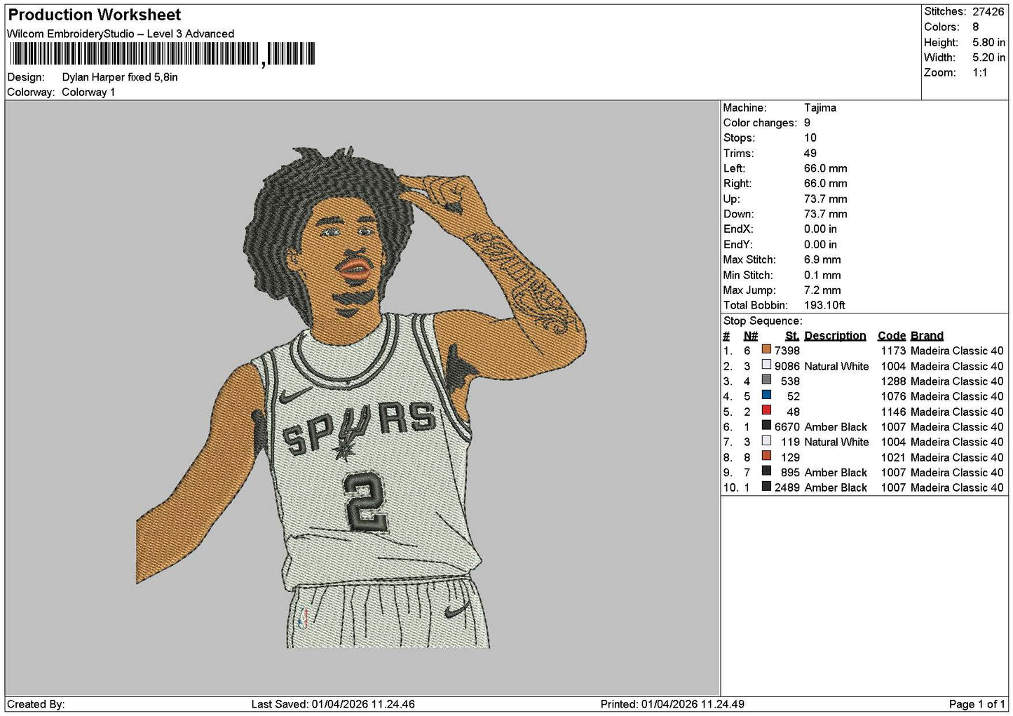Player Dylan Embroidery File 6 sizes