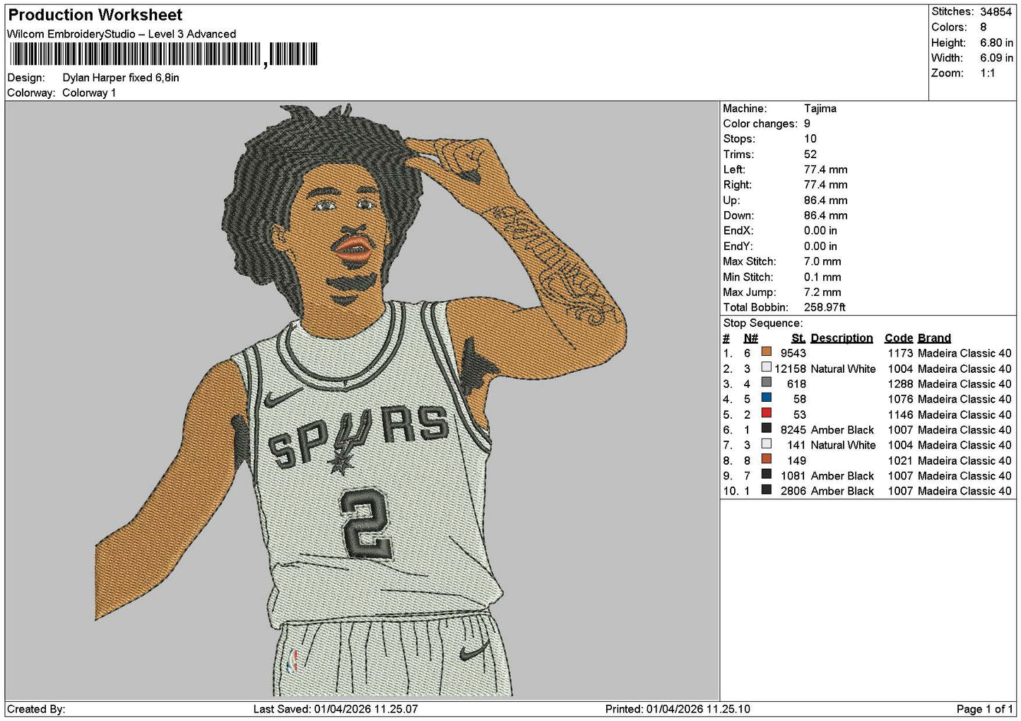 Player Dylan Embroidery File 6 sizes