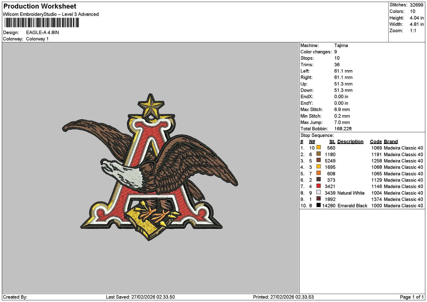 Eagle A01 Embroidery File 6 sizes