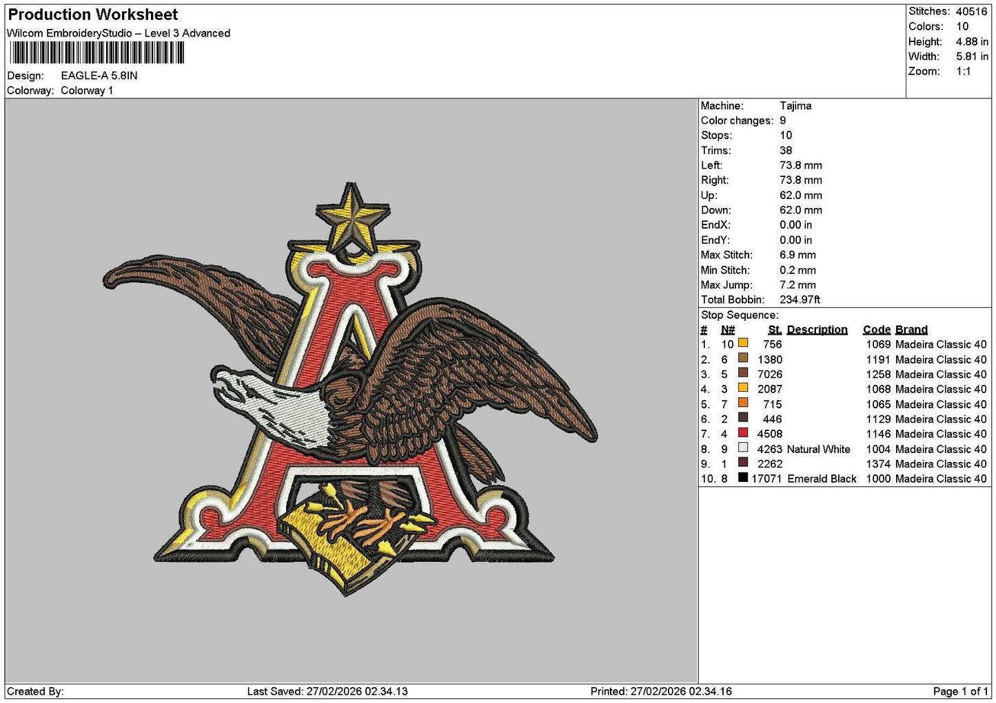 Eagle A01 Embroidery File 6 sizes