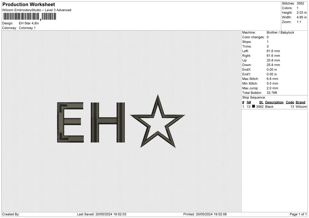 EH Star Embroidery File 6 size