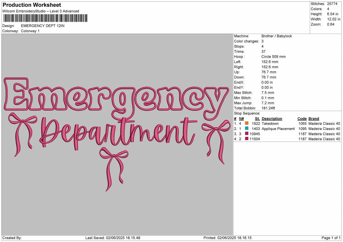 EMERGENCY DEPTARTMENT APPLIQUE  Embroidery Design File