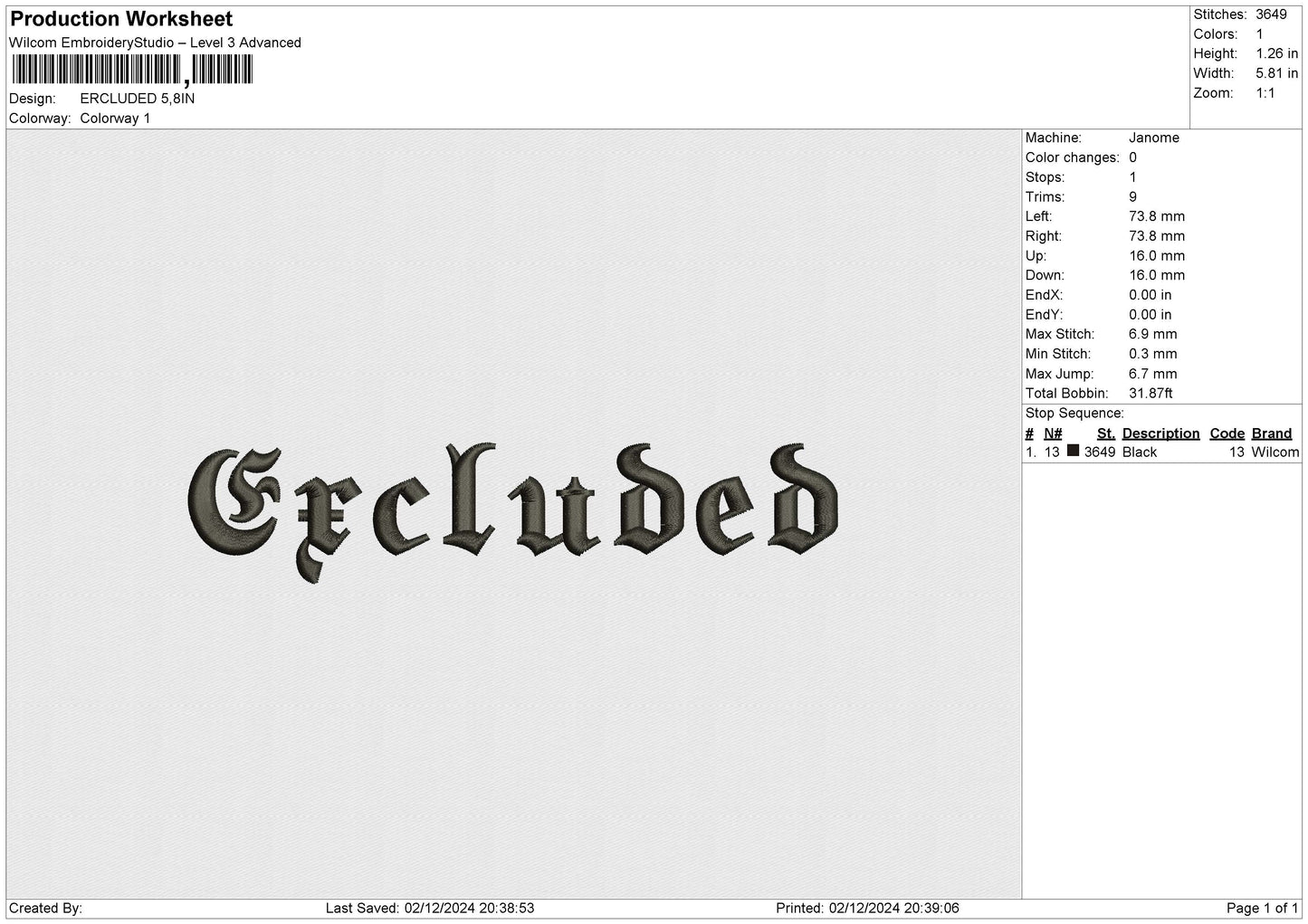 ERCLUDED Embroidery File 6 size
