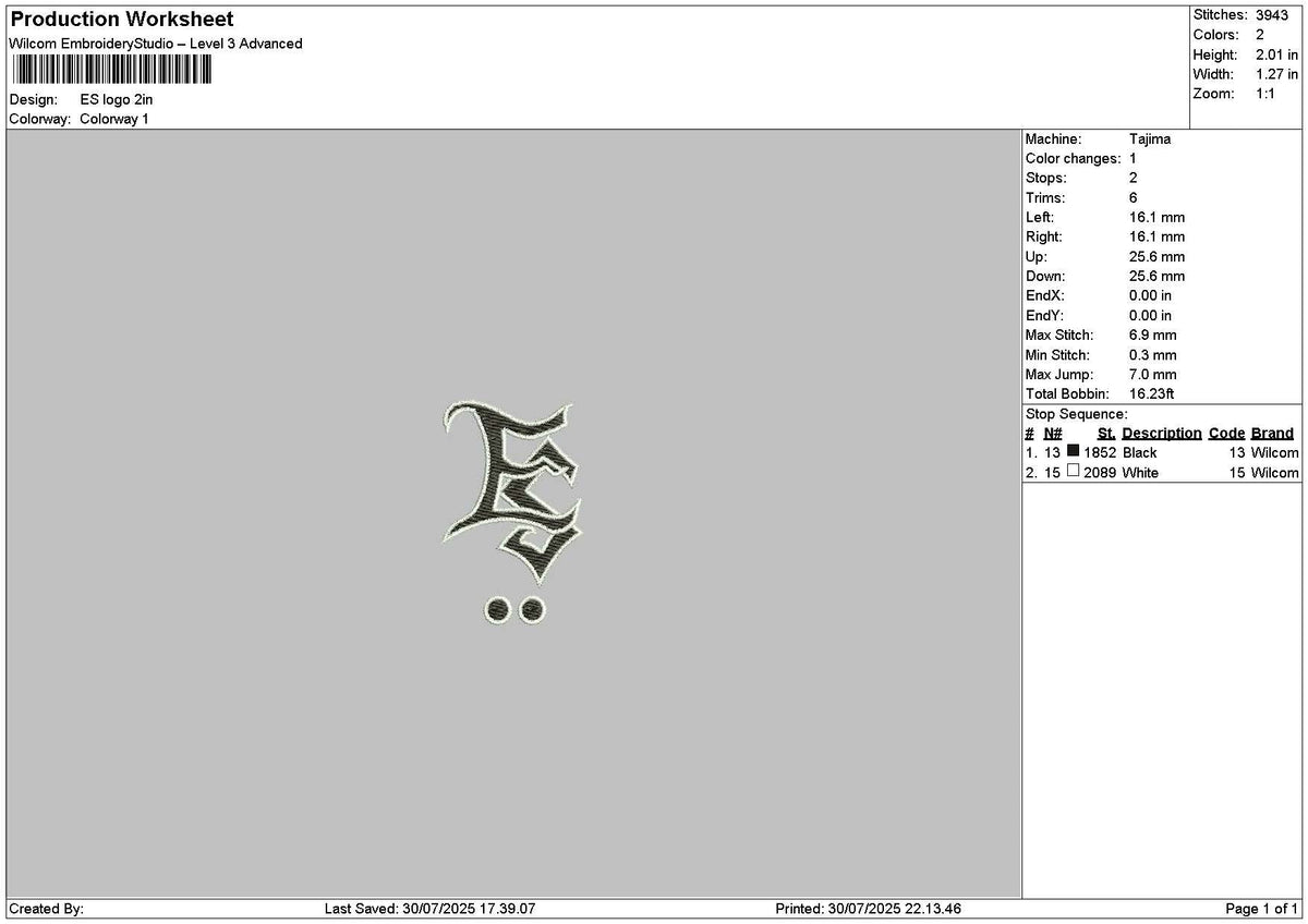 Es Logo 01 Embroidery File 6 sizes