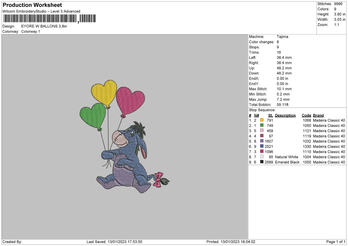 Eyore With Ballons Embroidery File 6 sizes