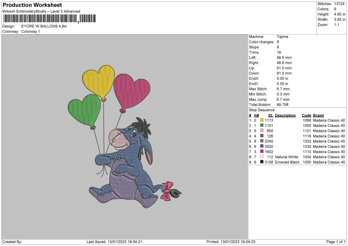 Eyore With Ballons Embroidery File 6 sizes
