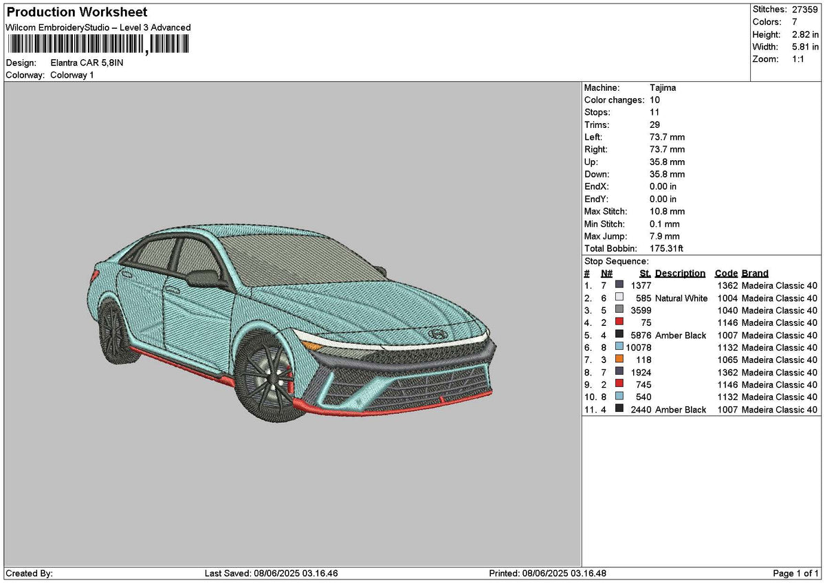 Blue Car 0806 Embroidery File 6 sizes