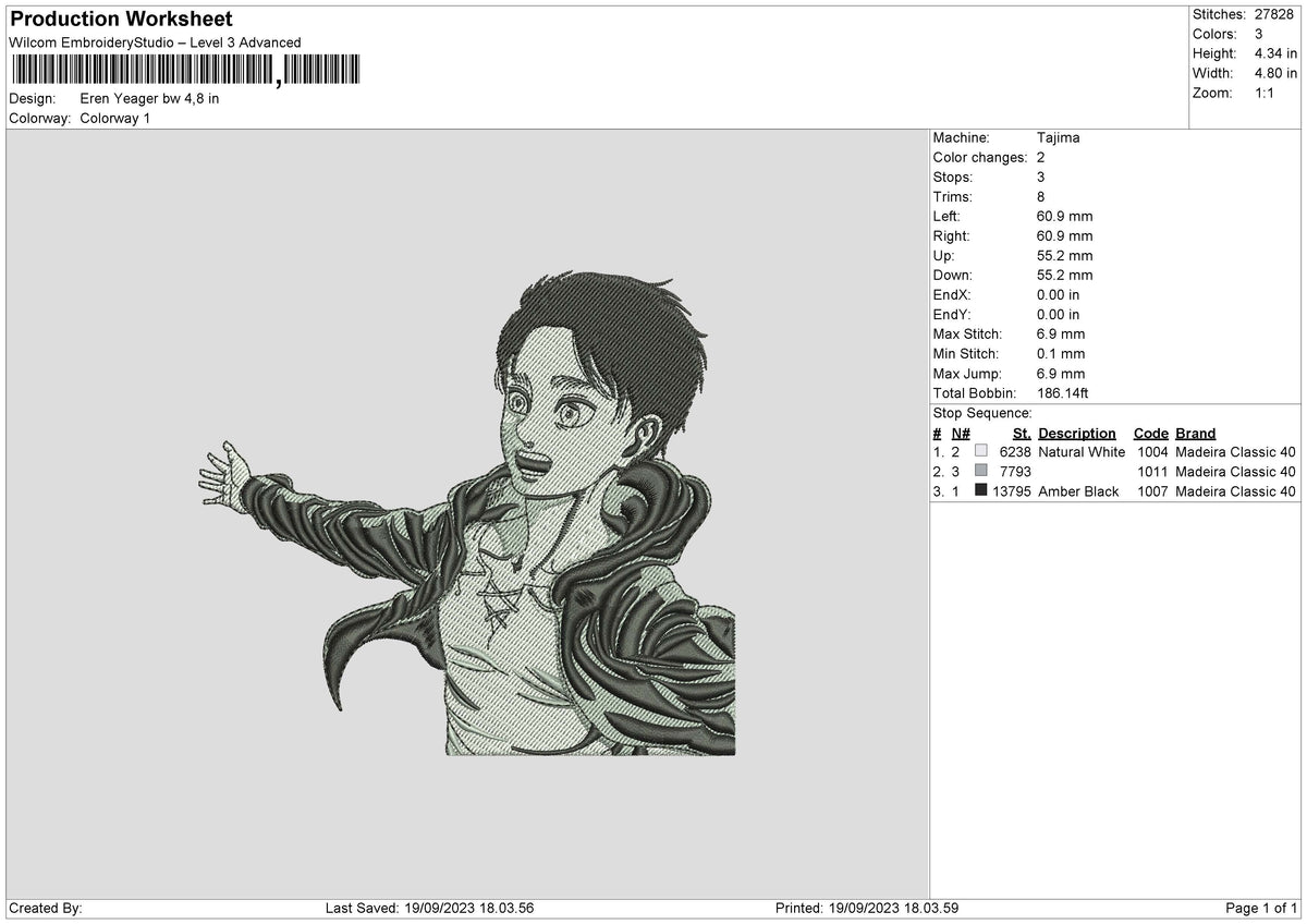 Eren BW Embroidery File 6 sizes