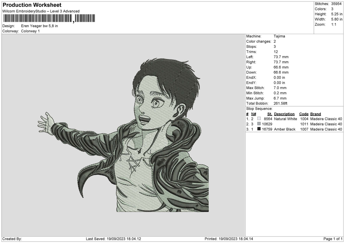 Eren BW Embroidery File 6 sizes