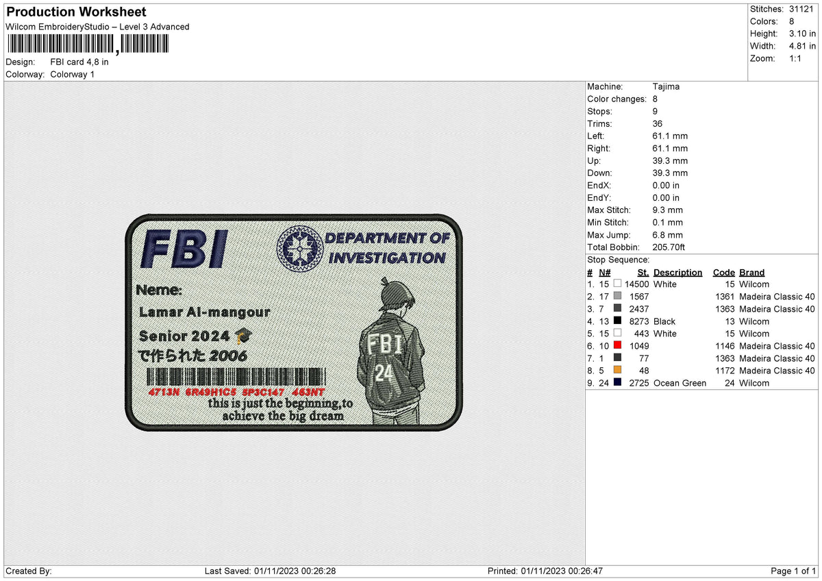 FBI card Embroidery File 6 size